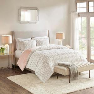 Madison Park Soft Plush Comforter Long Faux Fur Design, Mid Century, Modern All Season Down Alternative Bedding Set with Matching Sham, Full/Queen, Gia, Blush/White 3 Piece