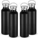 Volhoply 24oz Insulated Standard Mouth Water Bottle with Plastic & Stainless Steel Combination Lid Bulk 4 Pack, 304 18/8 Double Wall Vacuum Insulated Water Bottles, Reusable Metal Flask(Black,4)