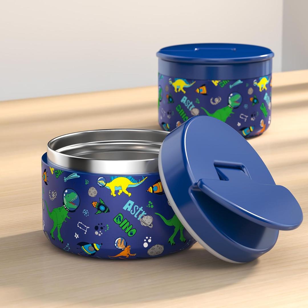 12.5oz Soup Thermo for Hot Food Kids Vacuum Insulated Food Jar Twist-Free Soup Thermo for Hot Food Kids Leakproof Stainless Steel Wide Mouth Lunch Container, Blue Dinosaur
