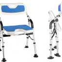 DEWEL Foldable Shower Chair for Elderly and Disabled, Folding Shower Seat with Armrests and Back Height Adjustable, Aluminum Alloy Bath Seat for Inside Shower, 330lbs Capacity (Blue)