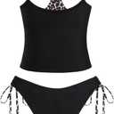 ZAFUL Women Double Layer Tankini Set V Neck Color Block Swimsuit Side Tie Two Piece Bathing Suit (Black, M)
