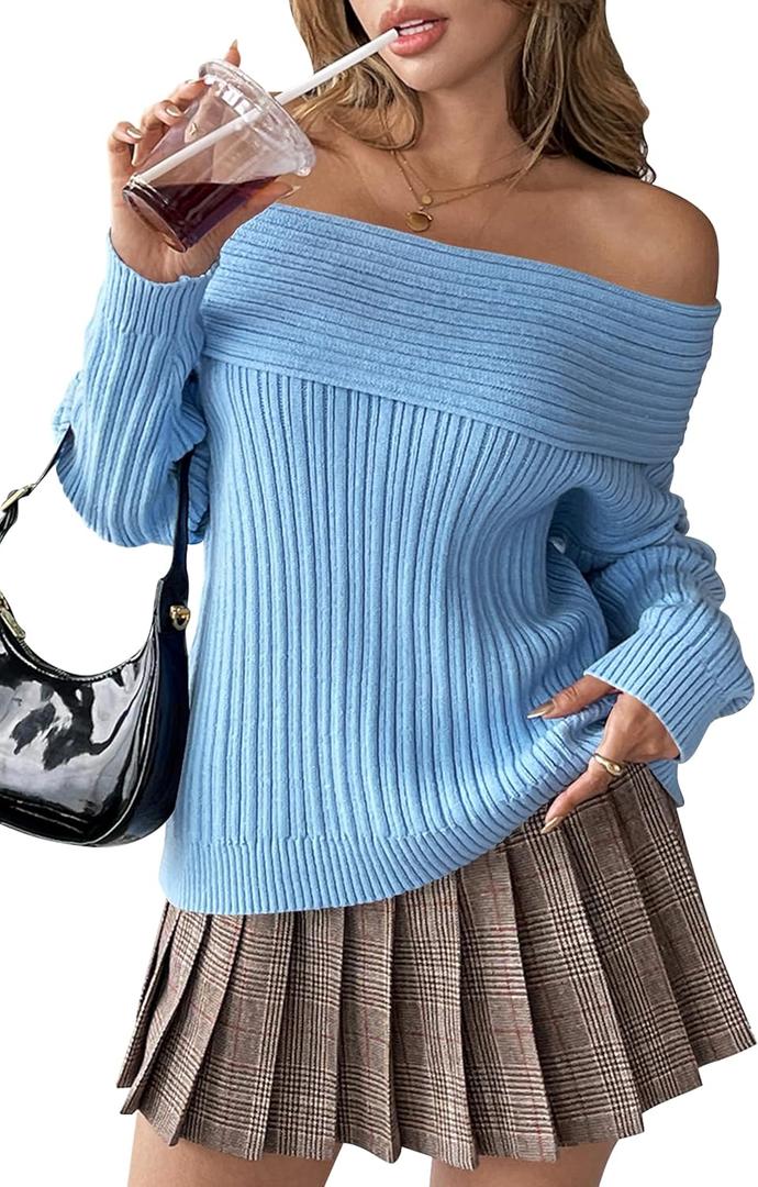 Cakulo Womens Off The Shoulder Sweater Ribbed Oversized Long Sleeve Tops 2026 Casual Knit Pullover Sweaters (Blue, S)