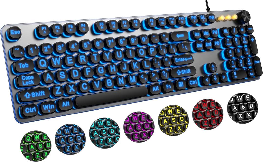 QUASIO Large Print Backlit Keyboard with 7-Color Backlit, Wired USB Lighted Computer Keyboards Oversize Letters Keys Easy to See, Illuminated Keyboard for PC, Laptop,Windows Desktop