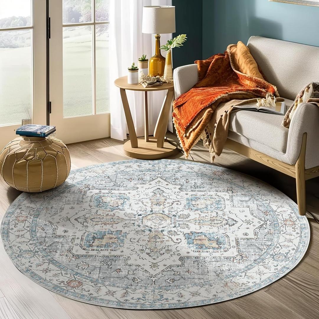 jinchan Round Rug 6ft Area Rug - Machine Washable 6'Circle Vintage Floral Non-Slip with Rubber Backing Ultra-Thin Low-Pile Carpet for Bedroom Living Room Dining Room Entryway (6'Round,Grey/Blue)