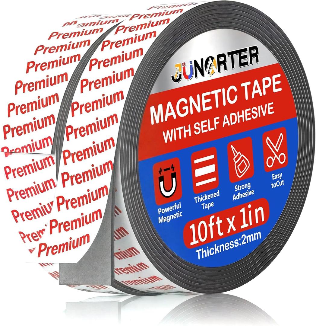 Magnetic Tape Roll, Magnet Strips, 2 Rolls (10 Feet x1 in) Adhesive Magnetic Tape Strips with Adhesive Backing, Flexible Magnetic Strips, Sticky Magnet Tape for Fridge, DIY (0.08" Thick)