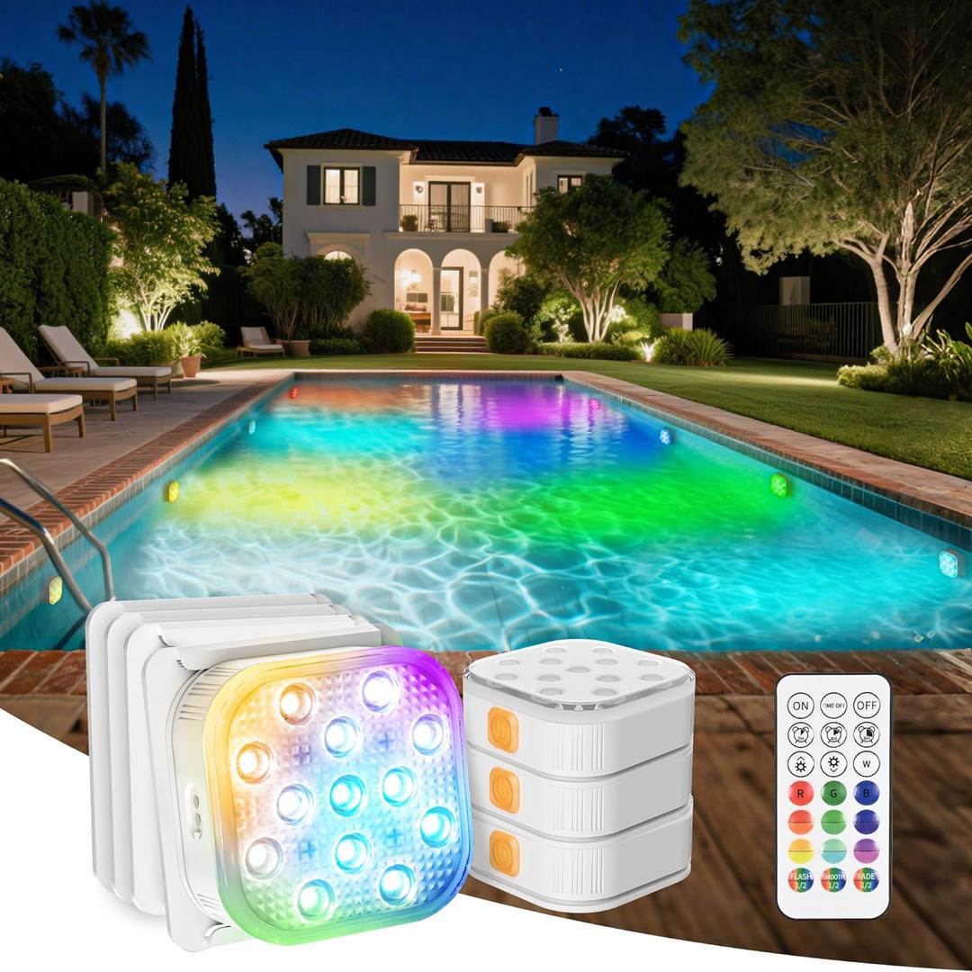 Pool Lights with Remote, IP68 Waterproof Plug 16 Color Rechargeable LED Lights, Pool Light for Above Ground Inground Pools, Fountains, Ponds, Party, Hot Tub 4 Pack
