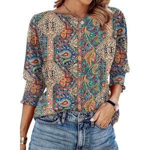IECCP 3/4 Length Sleeve Womens Tops Summer 2026 Fashion Trendy Boat Crew Neck Smocked Work Dressy Casual T Shirt Blouses, XXL