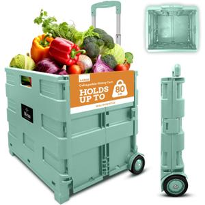 Inspired Living Ultra-Slim Rolling Collapsible Storage Pack-N-Roll Utility-carts, with Telescopic Handle, for Home, Garden, Shopping, Office, School use, Large, Mint