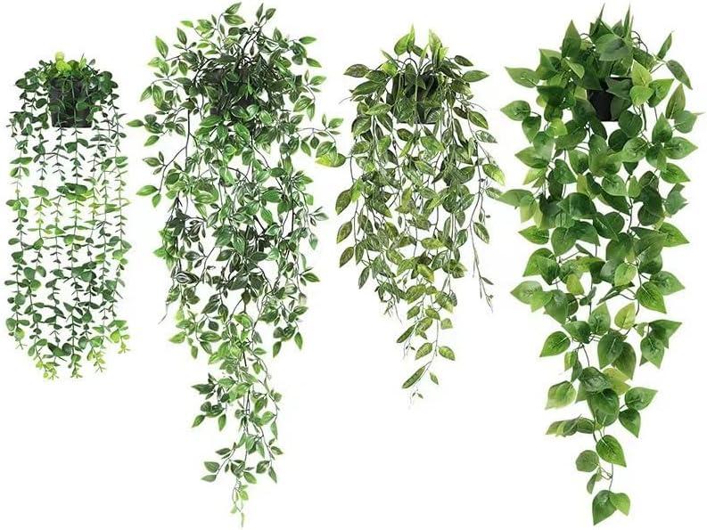 4 Pack Fake Hanging Plants - Artificial Hanging Plants Indoor, Fake Potted Plants with Mandala Vine, Eucalyptus, Pea pod Leave, Ivy Vine for Office Decor, Living Room, Farmhouse