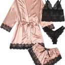 WDIRARA Women' Silk Satin Pajamas Set 4pcs Lingerie Floral Lace Cami Sleepwear with Robe (Large, Baby Pink)