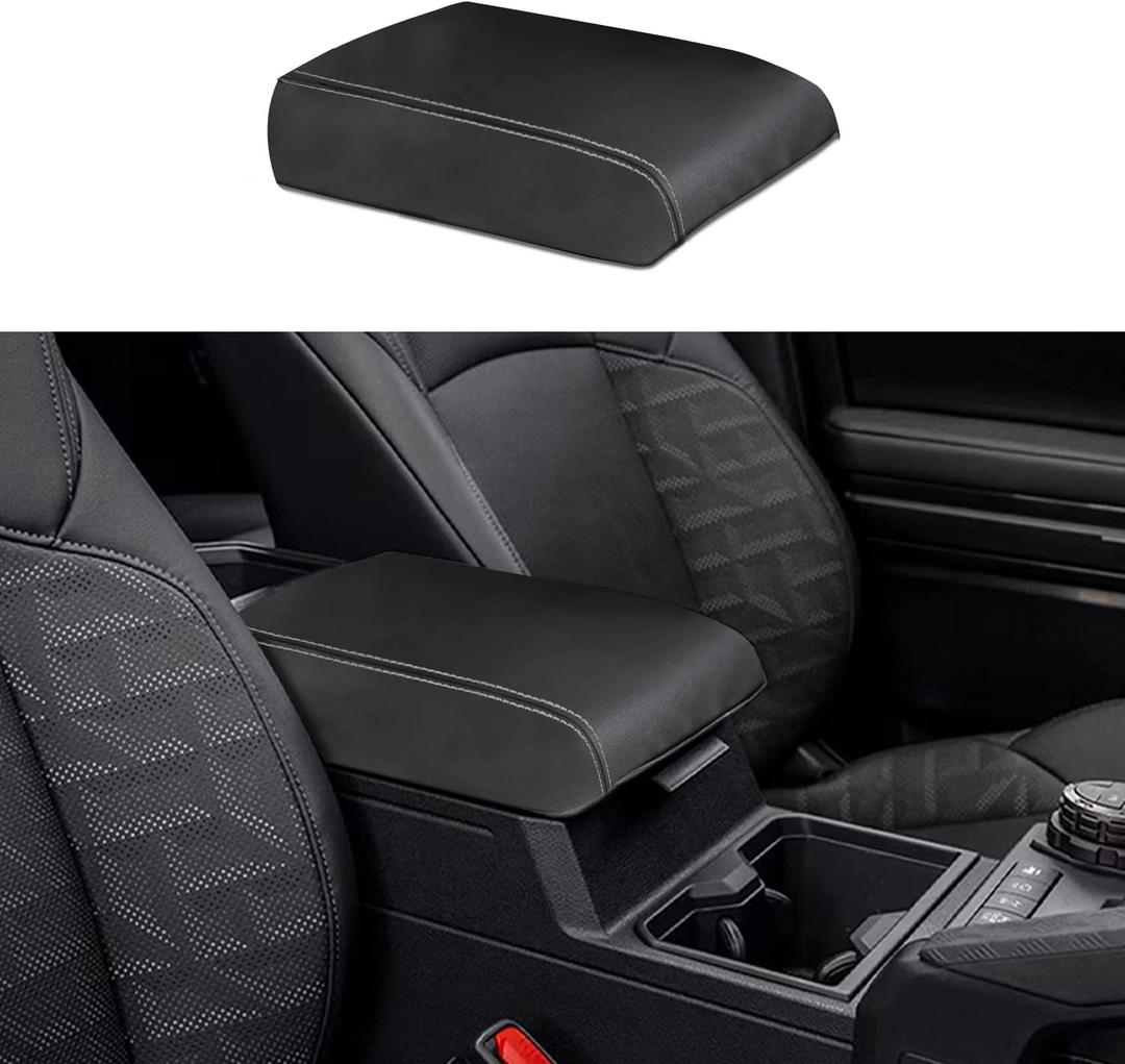 Car Center Console Armrest Cover for Toyota Tacoma 2024 Leather Anti-Scratch Central Arm Rest Box Lid Seat Cover Protector Cushion Saver Interior Accessories(White Stitches)