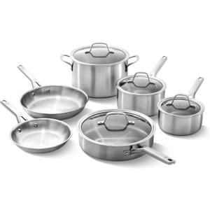 Calphalon Brushed 3-Ply Stainless Steel Cookware Set w/Turbo Heat Tech 10 Piece Includes Frying Pans, Pots and Pans Set, Induction, Oven Safe 450F, Brushed Stainless Silver