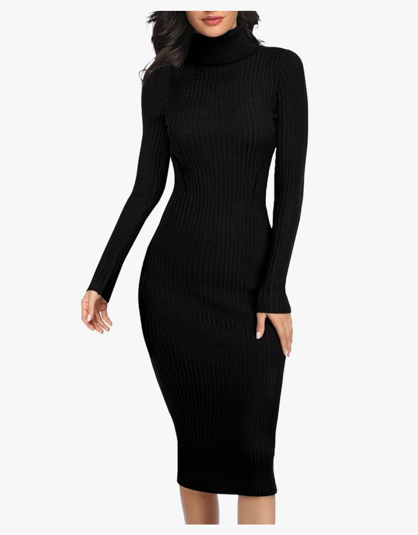 Women Stretchable Knitted Long Sleeve Slim Fitted Ribbed Soft Sweater Dress M
