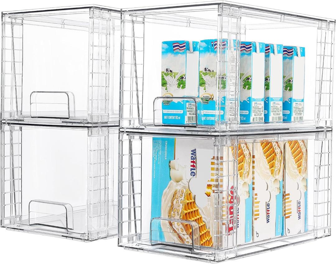 Vtopmart 4Pack Large Stackable Kitchen Pantry Storage Drawers, Clear Organizer Bins with Handles, Acrylic Drawer Organizers for Kitchen Pantry, Bathroom Undersink, Cabinet Organization and Storage