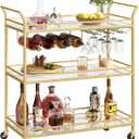 VASAGLE Bar Cart Gold, Large Home Bar Serving Cart with 3-Tier Mirrored Shelf, Wine Holders, Glass Holders, Kitchen, 15 x 33.9 x 35.4 Inches, Gold ULRC083A02