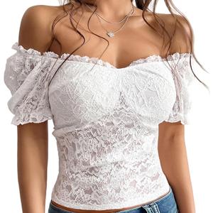 Lace Tops for Women Off Shoulder Going Out Tops Sexy Sheer Mesh Puff Short Sleeve Summer Crop Floral Corset Top (White, XL)