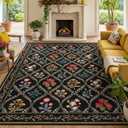 5x7 Black Washable Floral Area Rug, Vintage Boho Soft Low-Pile Living Room Rugs, Stain Resistant Botanical Non-Slip Carpet for Bedroom, Dining Room, Kids Nursery, Office, Home Decor