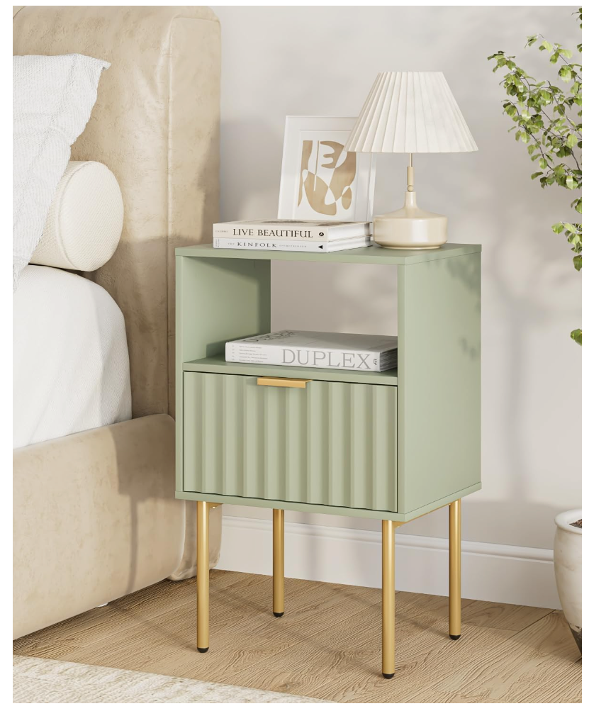 AEPOALUA Night Stand,Modern Bedside Table with Drawer and Shelf,Green Night Stand with Gold Frame,Small Side Table for Bedroom,Living Room