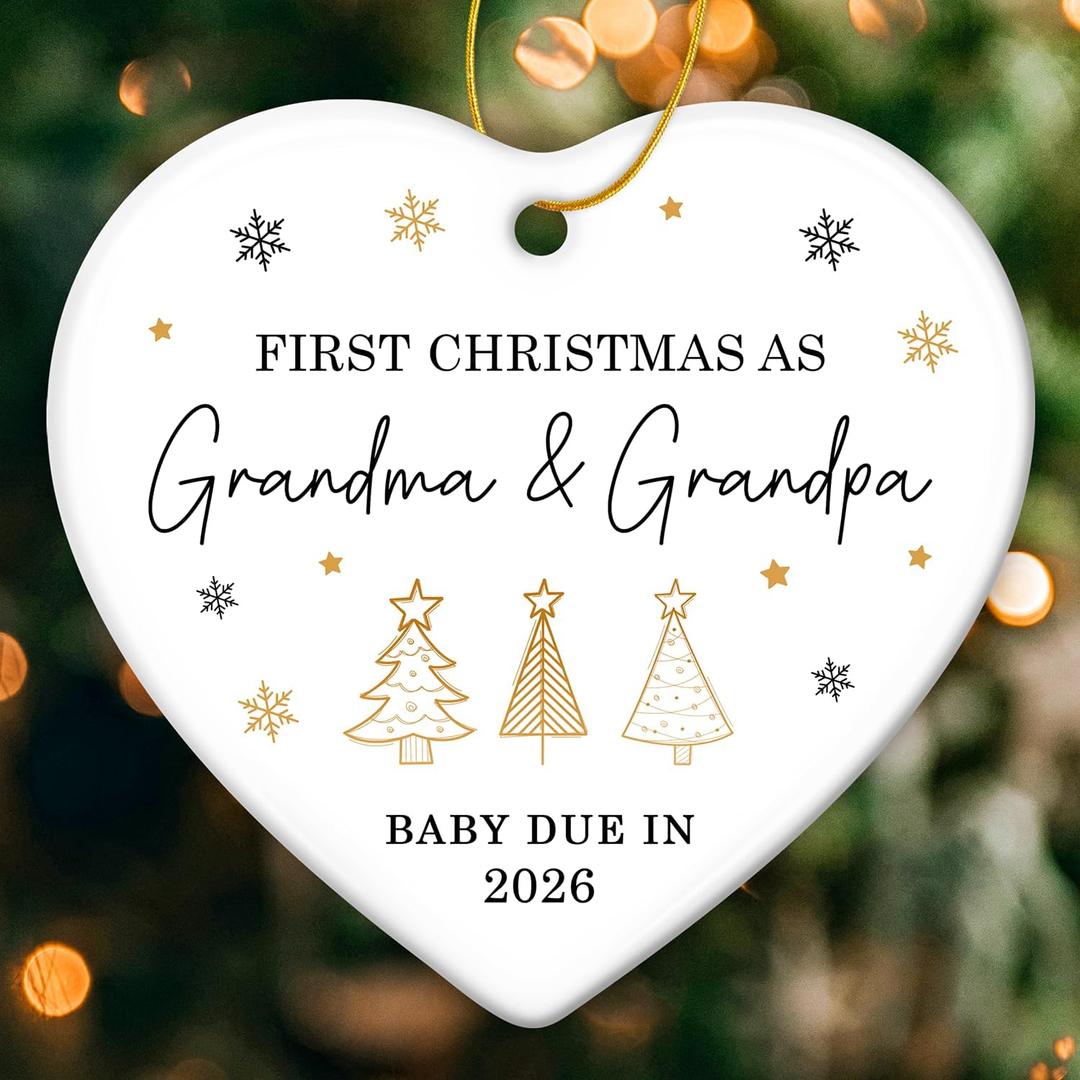 2 x ZAGKOO First Christmas as Grandma and Grandpa Ornament 2025 - Baby Due in 2026 Ornament - New Grandparents Promoted to Grandparents Pregnancy Announcement Ceramic Heart Ornaments
