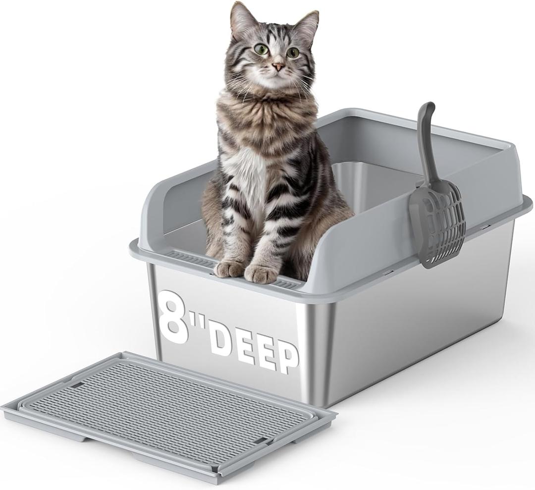 Stainless Steel Cat Litter Box with Lid,XXL Large Metal Cat Litter Box,High Wall Sided Enclosure Kitty Litter Box with Scoop Mats,Non-Sticky,Anti-Leakage,Easy Clean,Odorless (8" Deep)