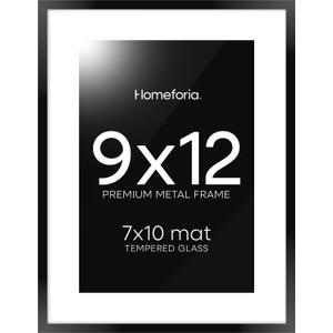 Homeforia 9x12 Picture Frame Black, High End Metal 9 x 12 Poster Frames with Mat 7 by 10 inch Photo, 9by12 Frame Matted to 7x10 in Art, 12x9 Wall or Tabletop Frames, Tempered Glass, Wall Kit, Set of 1