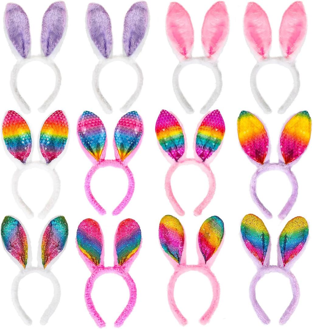 MGparty 12 PCS Easter Bunny Ears Headbands Colorful Rabbit Ear Hairband for Easter Party Decoration for Kids and Adult