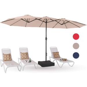 PHI VILLA 15ft Large Patio Umbrellas with Base Included, Outdoor Double-Sided Rectangle Market Umbrella with Stand, Outside Umbrellas for Poolside Lawn Backyard, Beige