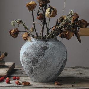 Rustic Distressed Large Ceramic Vase, Terracotta Pottery Tall Decorative Vases, Concrete Vases Clay Stone Antique Big Vase for Home Decor (Round 8.6 in X 8 in) (Brown+white-a)