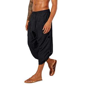 Gafeng Mens Linen Harem Capri Pants Drawstring 3/4 Shorts Casual Beach Yoga Hippie Thai Pants, L
