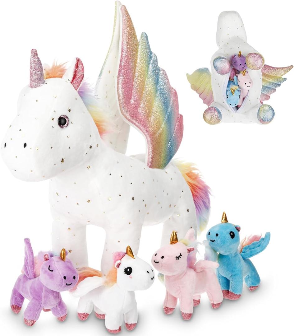 5 Pcs Fly Unicorns Plush Toy Gift Set 15.7" Mom Unicorns with 4 Cute Babies Stuffed Animal in Zippered Back Nurturing Plushies Toy Set for Kid Adults Birthday Party Favors Gifts