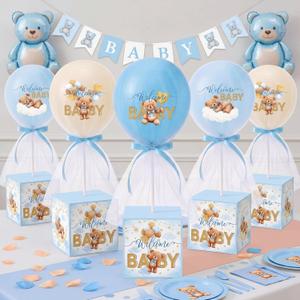 6 Set Baby Bear Tulle Tutu Balloon with Letter Boxes Baby Shower Table Centerpieces Decor for Gender Reveal Blue White Balloons Tulle Cover with Stand for Babies Shower Birthday Party
