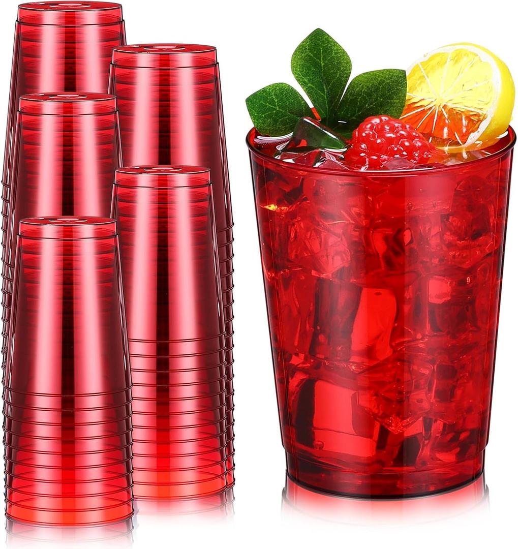 Minatee 100 Count Plastic Cups Disposable Fancy Cups Heavy Duty Wine Cocktail Glasses for Mother's Day, Wedding, Graduation, and Birthday Party Plastic Drinking Tumblers(Red,10 oz)