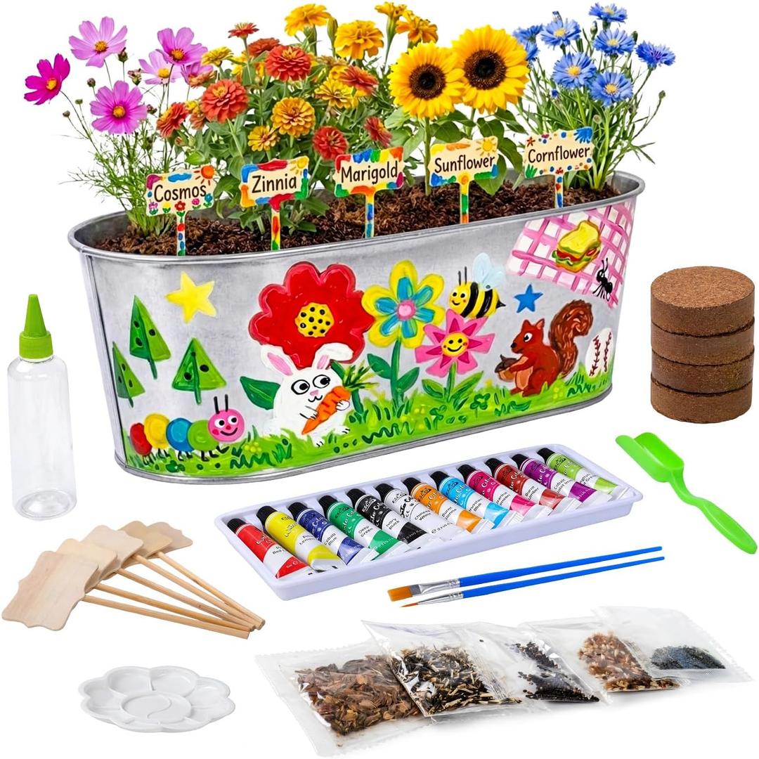 Large Paint & Plant Flower Growing Kit for Kids with 5 Flower Seeds, Gift Ideas Age 5 6 7 8-12 Years, Fun Kids Gardening Set, Birthday Crafts Gifts for Girls & Boys, Art Projects for Ages 5-12 Years