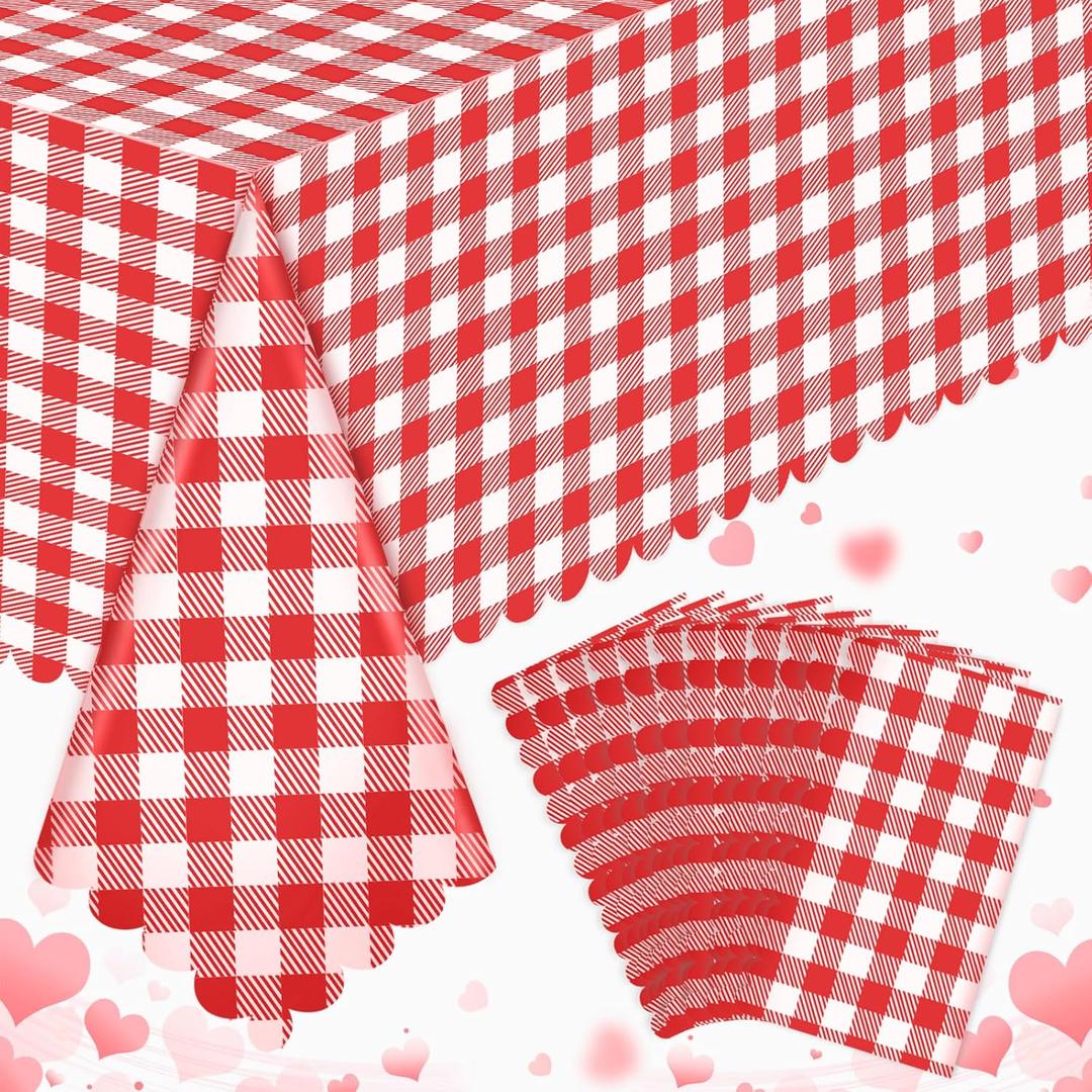 12 Pack Red and White Checkered Tablecloth, 54 X 108Inch Plastic Red Gingham Table Cloth Disposable Spring Picnic Tablecloth Waterproof Red Checkered Table Cover for BBQ Picnic Barbecue Birthday Party