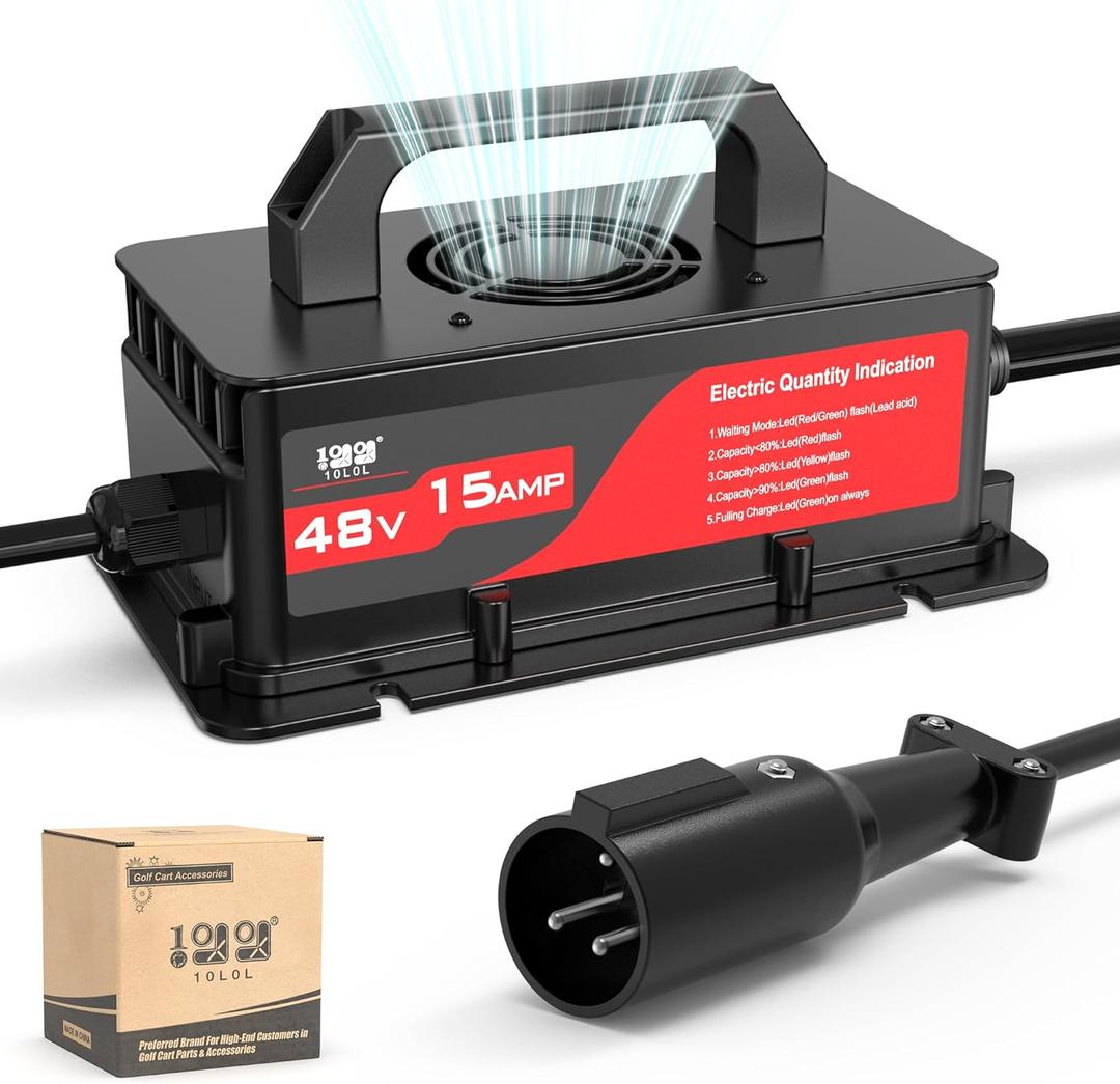 10L0L 15 AMP 48 Volt Golf Cart Charger for Club Car DS and Precedent with 3-Pin Round Plug, Lightweight Smart Charging for Lead Acid Batteries, Auto-Shut Off Protection - Black/Red