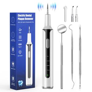 Plaque Remover for Teeth, 4-Mode Electric Tartar Remover with LED Light, Rechargeable Teeth Cleaning Kit, Dental Tools Set with 3 Replaceable Heads