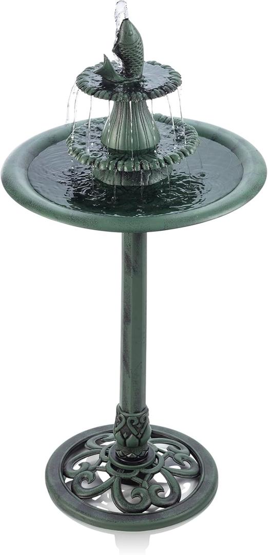 Alpine Corporation 40" Tall Outdoor 3 Tier Pedestal Water Fountain with Vintage Birdbath Accent, Garden Decor, Green