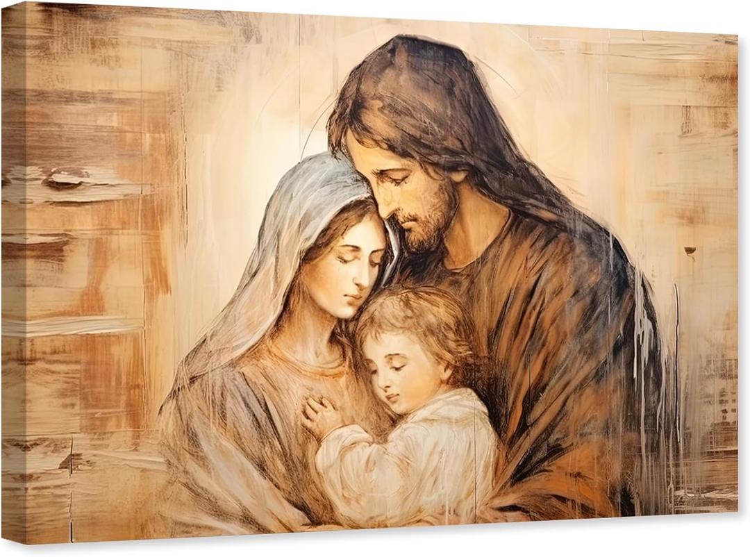ARTZGX Holy Family Picture Virgin Mary and Jesus Canvas Wall Art Catholic Religious Christian Painting for Churches Decor Frame(Holy Family - B 16.00" x 24.00")
