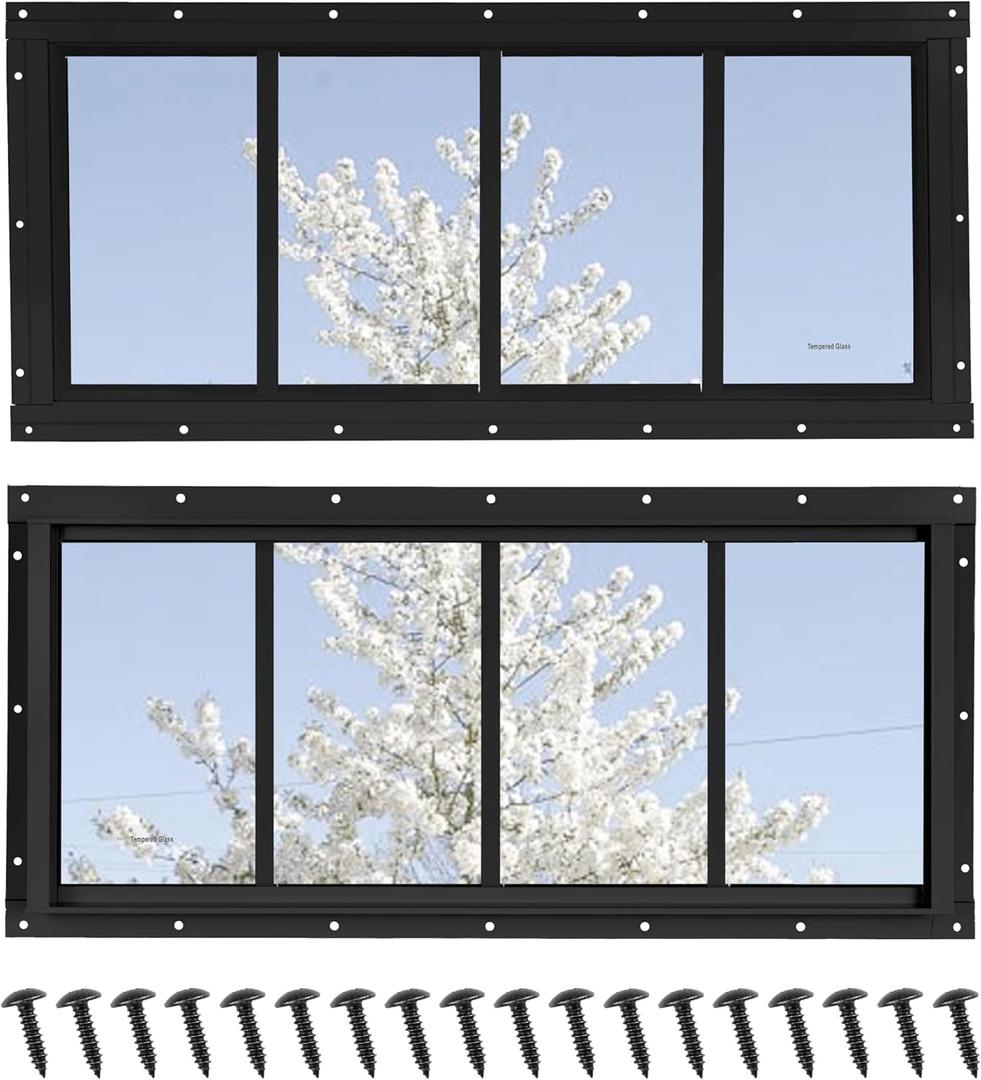 Shed Windows 2 Pack, Transom Windows 10" x 23" with Tempered Glass, Garage Doors Window for Shed, Chicken Coop, Playhouse, Household (Black)