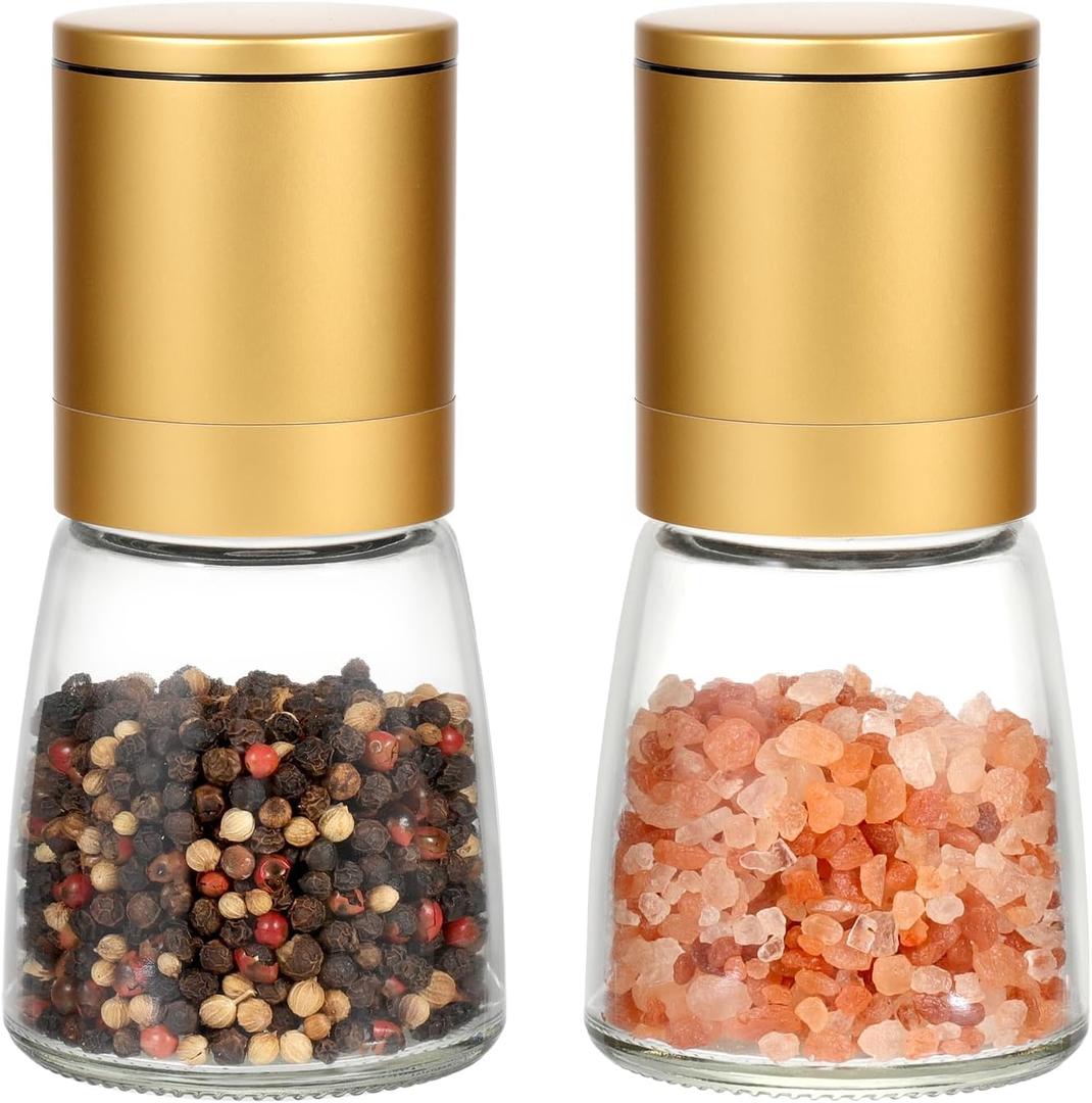 Vucchini Gold Salt and Pepper Grinder Mill - Adjustable Coarseness Ceramic Brass Spice Grinder Shaker - Refillable Glass Pepper Grinders for Home Golden Kitchen Accessories