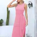 Missufe Women's Round Neck Sleeveless Tie Waist Knit Side Slit Slim Tank Midi Dress (Pink)