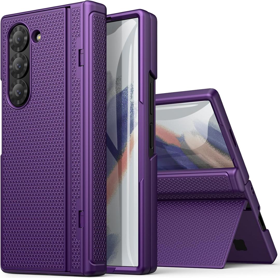 for Samsung Galaxy Z Fold 6 Slim Case with Stand, Tempered Screen Protector & Hinge Protection, 360 Full Body Shockproof Protective Phone Case Cover for Samsung Galaxy Z Fold6 2024, Purple