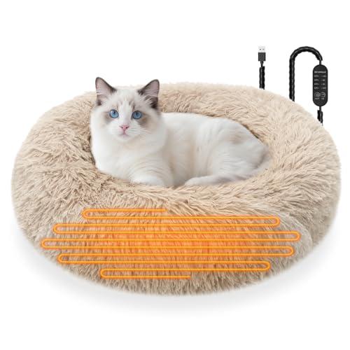 Heated Cat Beds for Indoor Cats and Small Dogs, 24'' Heated Pet Bed with Timer and Temp Adjustable, Cozy Fluffy Round Calming Pet Beds Removable Washable Cover USB Electric Warm Cat Bed- Camel