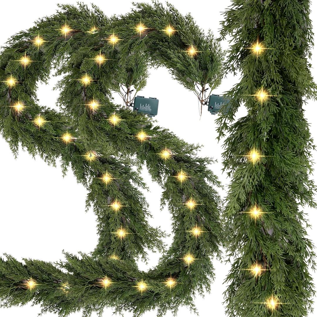 6.2 FT Prelit Christmas Cedar Garland 2 PCS, Realistic Artificial Pine Needle Faux Cypress Greenery with 20 Lights for Christmas Table Mantle Wall Room Outdoor Indoor Winter Decoration
