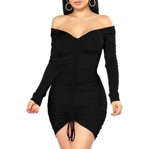 XXTAXN Women's Sexy Elegant Long Sleeve Off The Shoulder Ruched Mini Dress (Black, M)