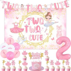 Tutu Cute 2nd Birthday Decorations, Ballerina Party Decorations Backdrop Banner, Tutu Cute Cake Cupcake Toppers for Girl 2nd Birthday