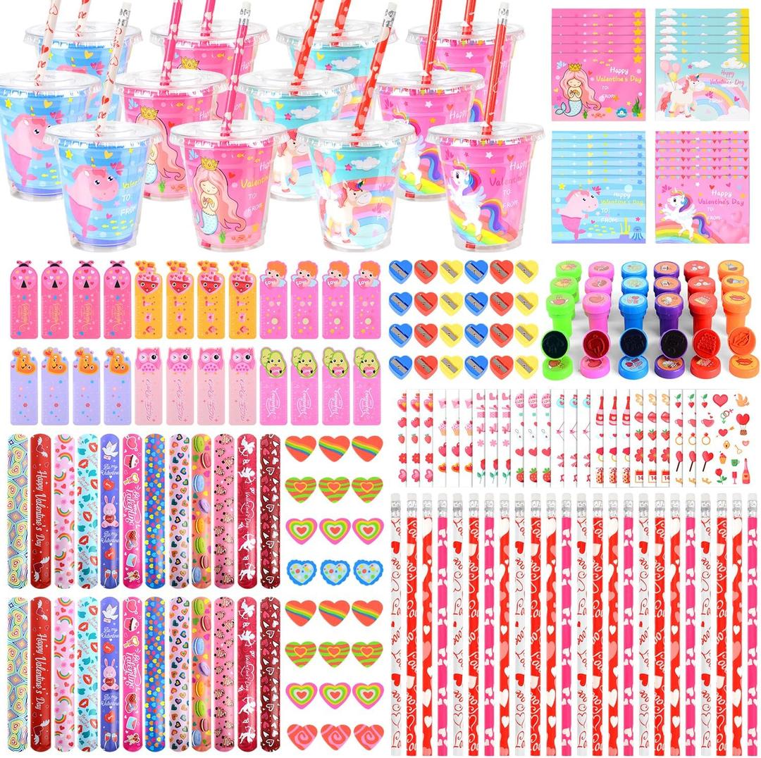 24 Pack Valentines Day Gifts for Kids School Classroom Exchange Gifts Valentines Stationery, Valentines Party Favors with Gift Card Stampers Pencils Rulers Sticker Goodie Bag Fillers for Kids