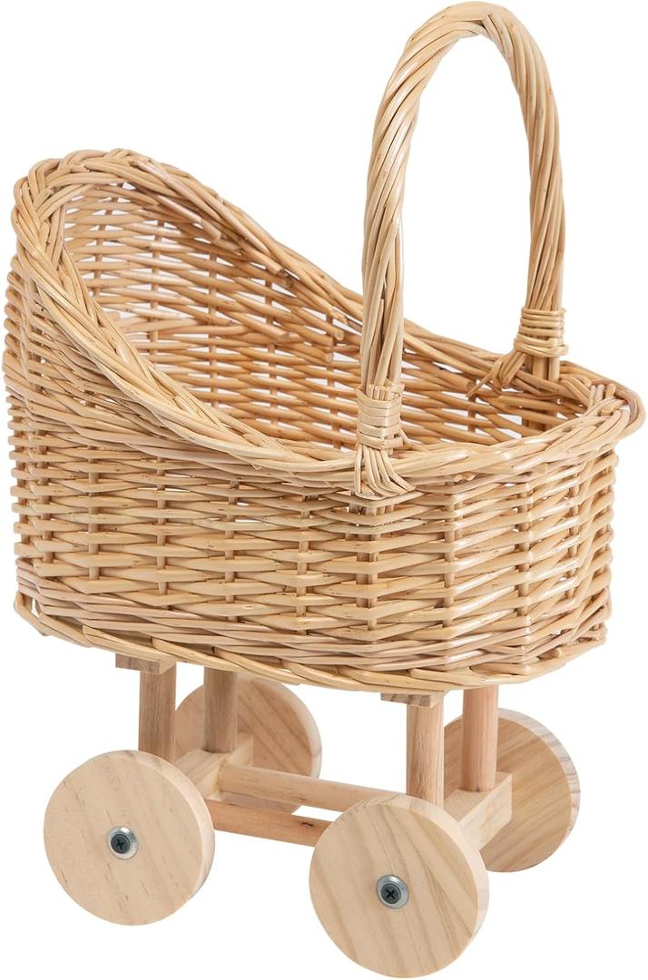 Vintage Woven Rattan Baby Carriage Basket Handcrafted Wicker Stroller for Baby Shower, Flower Girl Basket, Baby Things, Rustic Home Decor, Photography Props, Floral Arrangements(Middle)