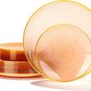 N9R 60PCS Orange Plastic Plates with Gold Rim, Elegant Disposable Plates, Circular Ribbed Design, 30 Dinner & 30 Dessert Plate for Parties, Weddings, Banquets and Events (Translucent Orange)