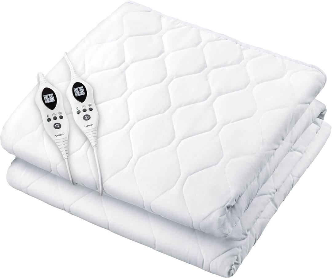 Beurer UWB70 Heated Mattress Pad Queen, Dual Control Electric Mattress Cover with Separate Feet/Body Heat, Auto Shut Off, 9 Warming Levels, Overheat Protection, and Soft Quilted Fabric, 60" x 80"